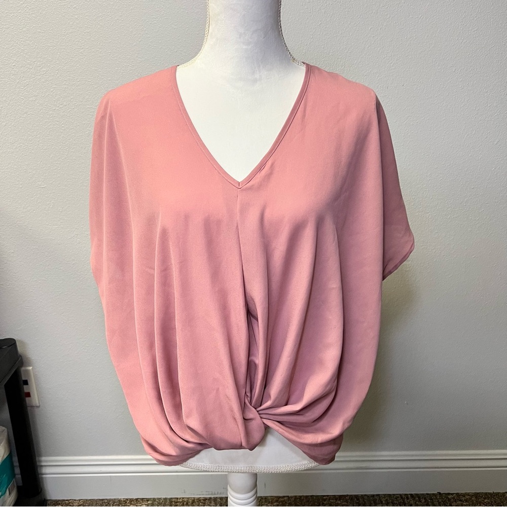 Lisa & Lucy Womens V-Neck Short Dolman Sleeve Hi-Low Knotted Shirt Pink Medium